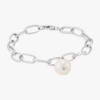 Limited Quantities! Womens White Cultured Freshwater Pearl Sterling Silver Charm Bracelet