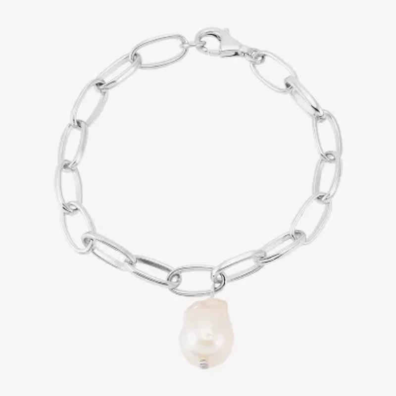 Limited Quantities! Womens White Cultured Freshwater Pearl Sterling Silver Charm Bracelet