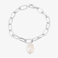 Limited Quantities! Womens White Cultured Freshwater Pearl Sterling Silver Charm Bracelet