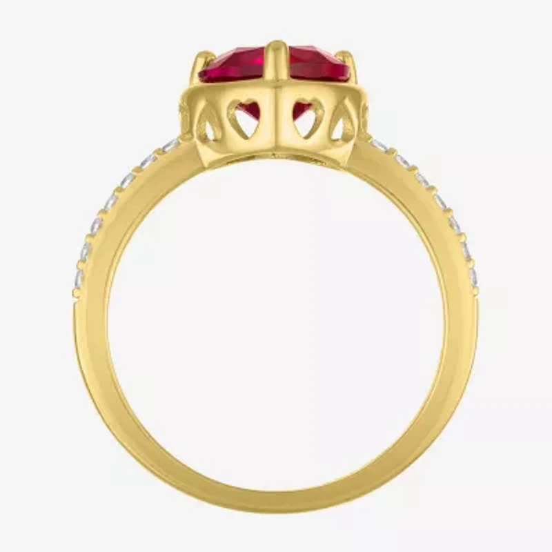 Womens Lab Created Red Ruby 14K Gold Over Silver Heart Side Stone Cocktail Ring