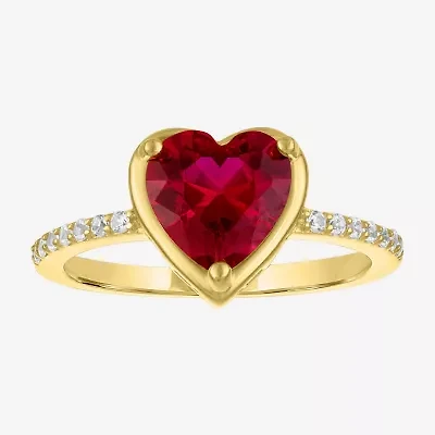 Womens Lab Created Red Ruby 14K Gold Over Silver Heart Side Stone Cocktail Ring