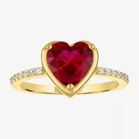 Womens Lab Created Red Ruby 14K Gold Over Silver Heart Side Stone Cocktail Ring