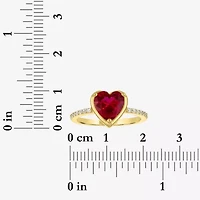 Womens Lab Created Red Ruby 14K Gold Over Silver Heart Side Stone Cocktail Ring