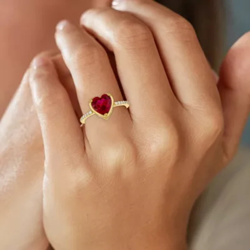 Womens Lab Created Red Ruby 14K Gold Over Silver Heart Side Stone Cocktail Ring