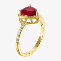 Womens Lab Created Red Ruby 14K Gold Over Silver Heart Side Stone Cocktail Ring