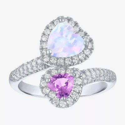 Womens Lab Created White Opal Sterling Silver Heart Halo Side Stone Cocktail Ring
