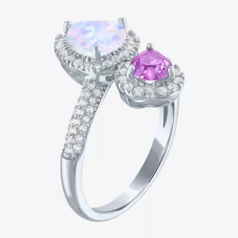 Womens Lab Created White Opal Sterling Silver Heart Halo Side Stone Cocktail Ring