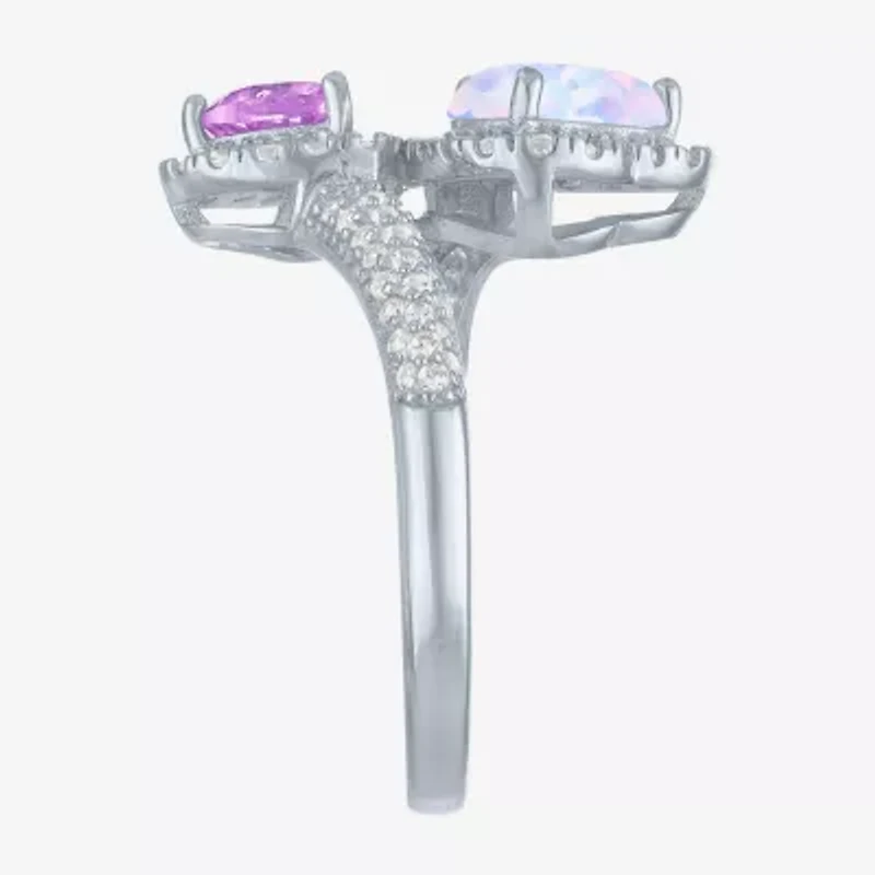 Womens Lab Created White Opal Sterling Silver Heart Halo Side Stone Cocktail Ring
