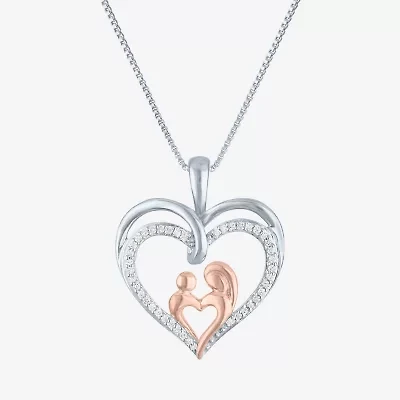 "Mother And Daughter" Womens 1/10 CT. T.W. Natural White Diamond 14K Rose Gold Over Silver Sterling Silver Heart 18 Inch Pendant Necklace