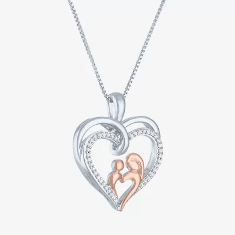 "Mother And Daughter" Womens 1/10 CT. T.W. Natural White Diamond 14K Rose Gold Over Silver Sterling Silver Heart 18 Inch Pendant Necklace