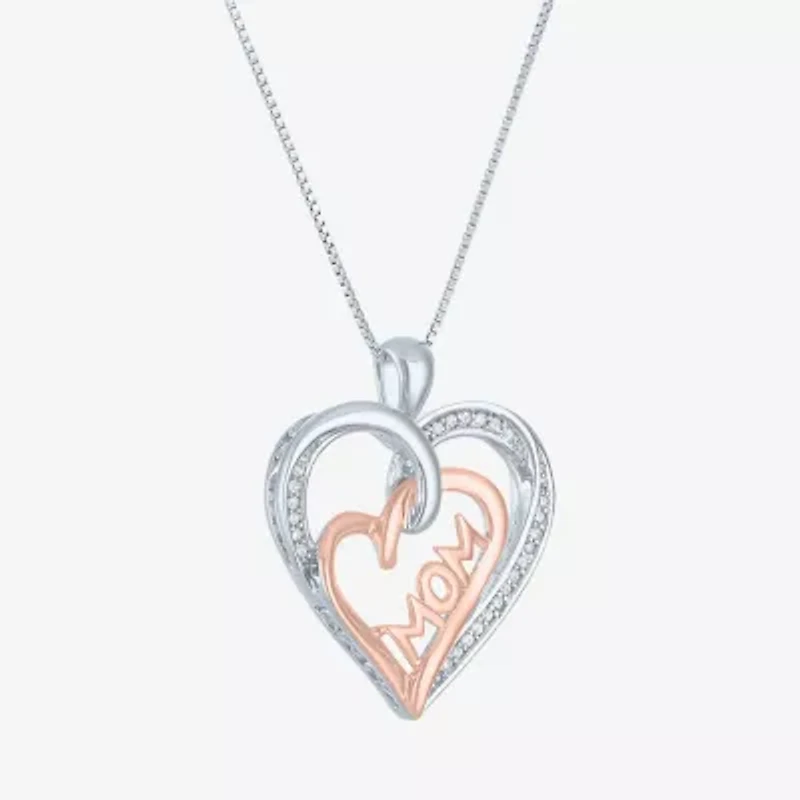 1/10 CT.T.W. Natural  Diamond "MOM" Heart Necklace in Sterling SIlver and 14KT Rose Gold Over SIlver"