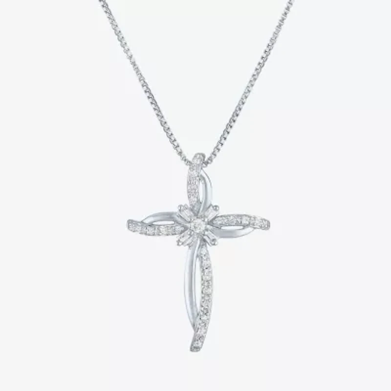 Womens 1/10 CT. T.W. Natural White Diamond Sterling Silver Cross 18 Inch Pendant Necklace