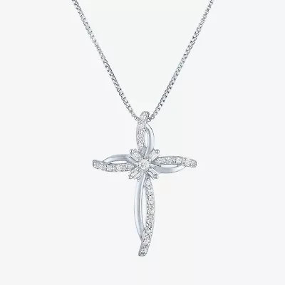 Womens 1/10 CT. T.W. Natural White Diamond Sterling Silver Cross 18 Inch Pendant Necklace