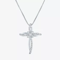 Womens 1/10 CT. T.W. Natural White Diamond Sterling Silver Cross 18 Inch Pendant Necklace