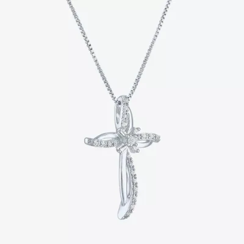 Womens 1/10 CT. T.W. Natural White Diamond Sterling Silver Cross 18 Inch Pendant Necklace