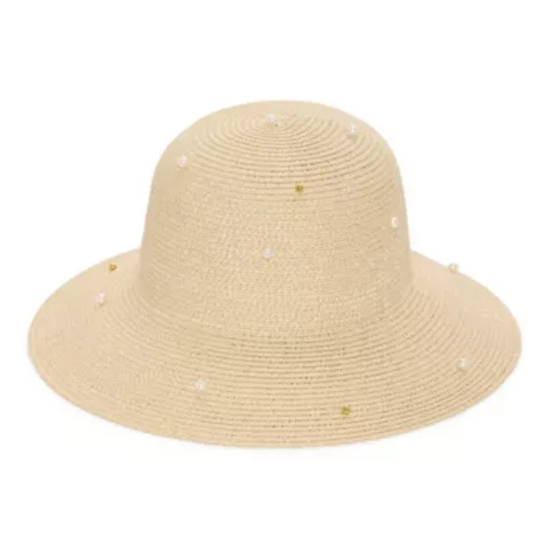 Liz Claiborne Straw Pearl Embellished Womens Bucket Hat