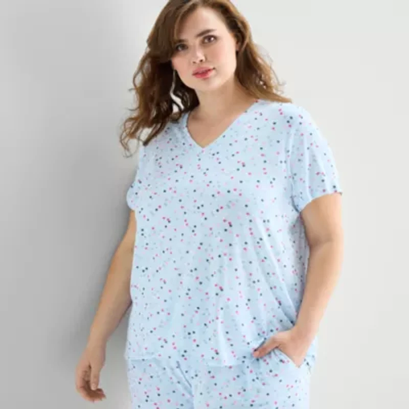 Jaclyn Womens V-Neck Short Sleeve 2-pc. Plus Pajama Sets