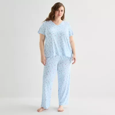 Jaclyn Womens V-Neck Short Sleeve 2-pc. Plus Pajama Sets