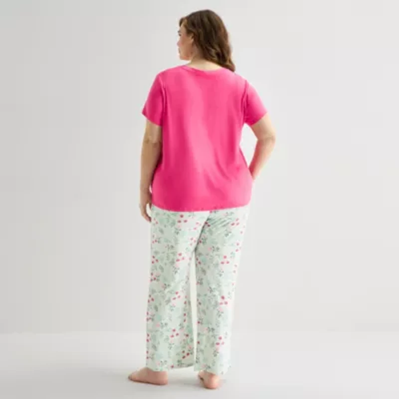 Jaclyn Womens V-Neck Short Sleeve 2-pc. Plus Pajama Sets