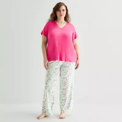 Jaclyn Womens V-Neck Short Sleeve 2-pc. Plus Pajama Sets