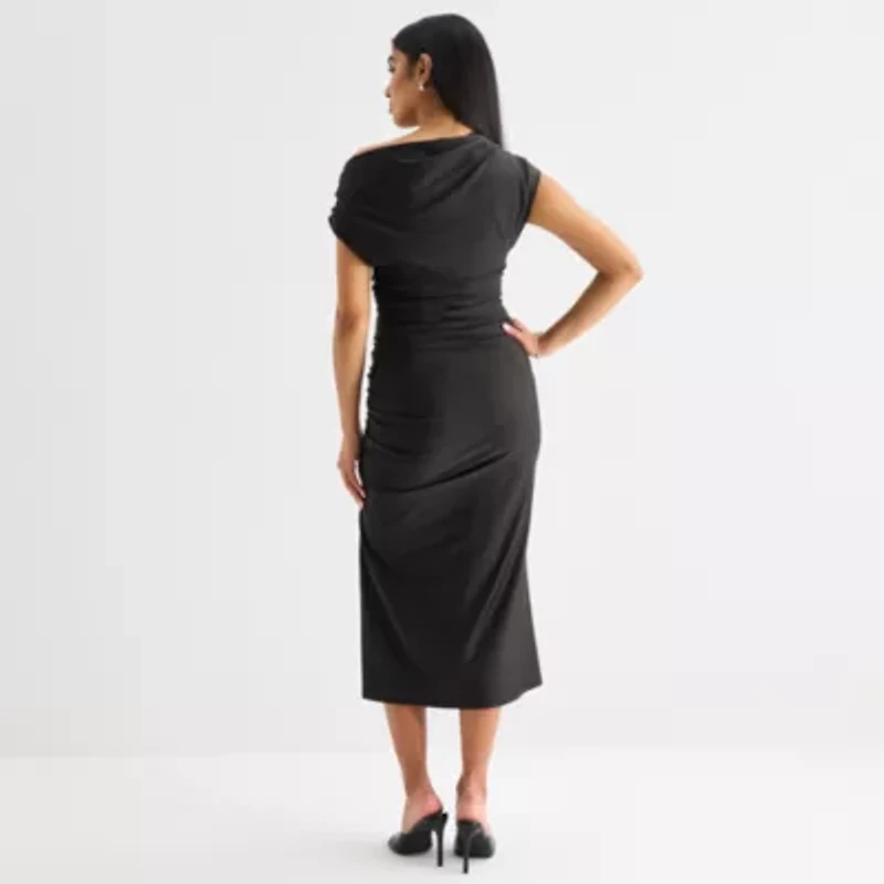 Premier Amour One Shoulder Womens Short Sleeve Midi Sheath Dress