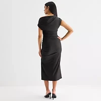 Premier Amour One Shoulder Womens Short Sleeve Midi Sheath Dress