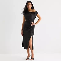 Premier Amour One Shoulder Womens Short Sleeve Midi Sheath Dress