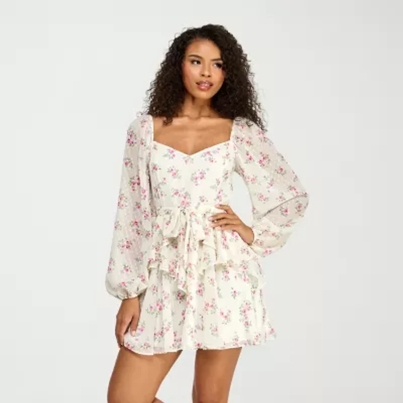 City Triangle Womens Juniors Long Sleeve Floral Fit + Flare Dress