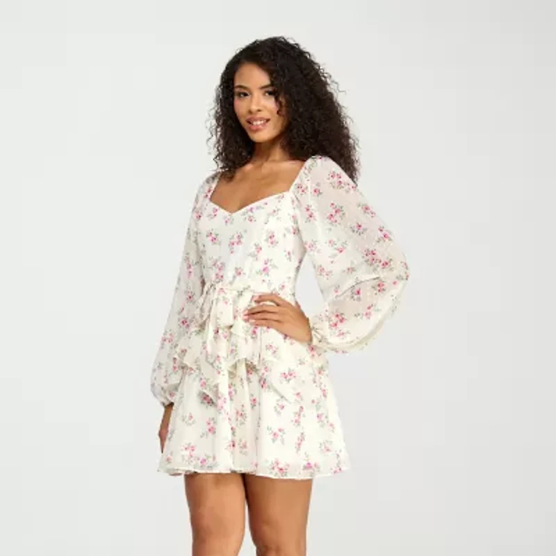 City Triangle Womens Juniors Long Sleeve Floral Fit + Flare Dress