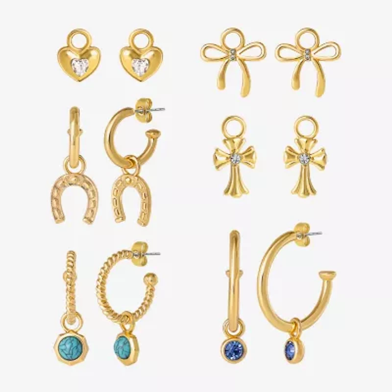 JS Jessica Simpson Gold Tone Interchangeable Charm Womens Multi Color Glass Bow Cross 3 Pair Earring Set