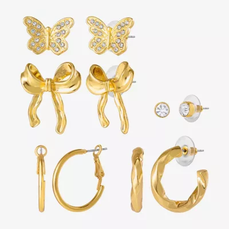 JS Jessica Simpson Gold Tone Hoop & Stud Womens Glass Bow Butterfly 5 Pair Earring Set