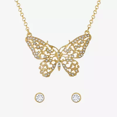 JS Jessica Simpson Gold Tone Pendant Necklace & Stud Earring Womens Crystal Butterfly 3-pc. Jewelry Set