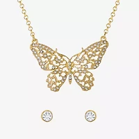 JS Jessica Simpson Gold Tone Pendant Necklace & Stud Earring Womens Crystal Butterfly 3-pc. Jewelry Set