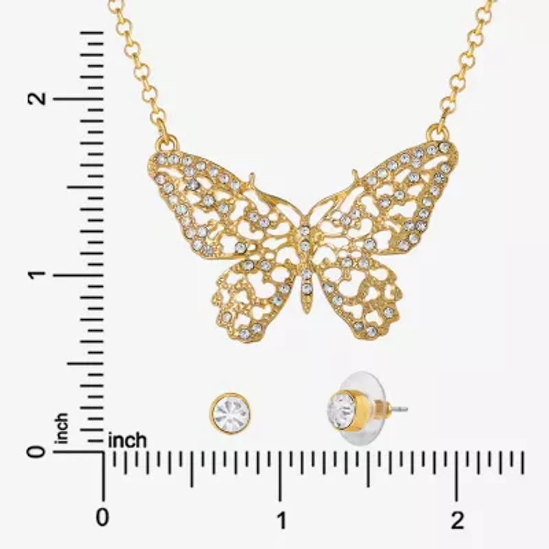JS Jessica Simpson Gold Tone Pendant Necklace & Stud Earring Womens Crystal Butterfly 3-pc. Jewelry Set
