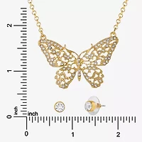 JS Jessica Simpson Gold Tone Pendant Necklace & Stud Earring Womens Crystal Butterfly 3-pc. Jewelry Set