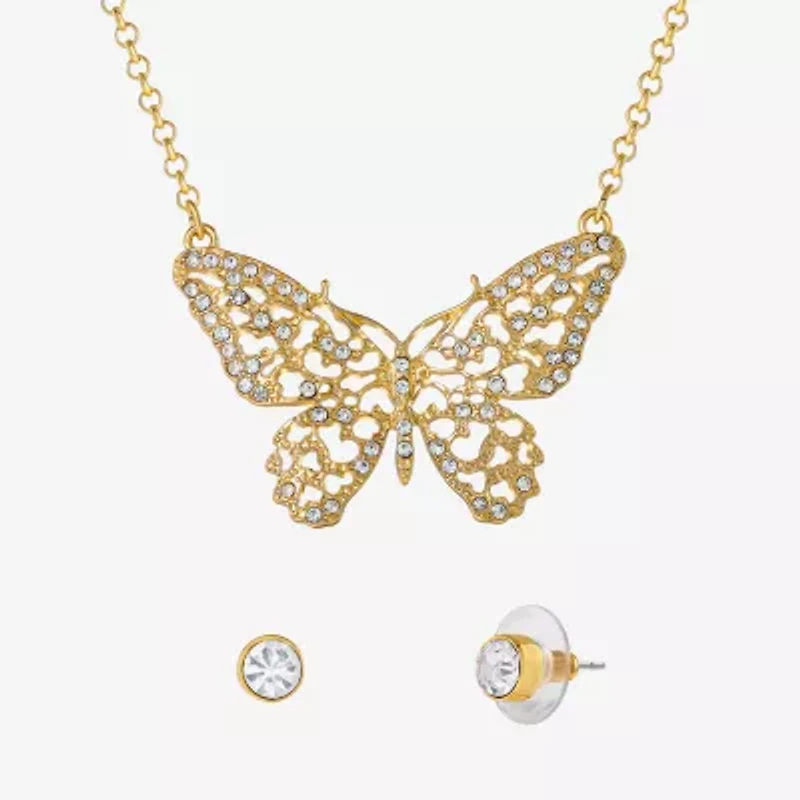 JS Jessica Simpson Gold Tone Pendant Necklace & Stud Earring Womens Crystal Butterfly 3-pc. Jewelry Set