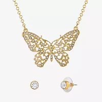 JS Jessica Simpson Gold Tone Pendant Necklace & Stud Earring Womens Crystal Butterfly 3-pc. Jewelry Set