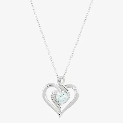 Limited Quantities! Womens Diamond Accent Genuine Blue Aquamarine Sterling Silver Heart 18 Inch Pendant Necklace