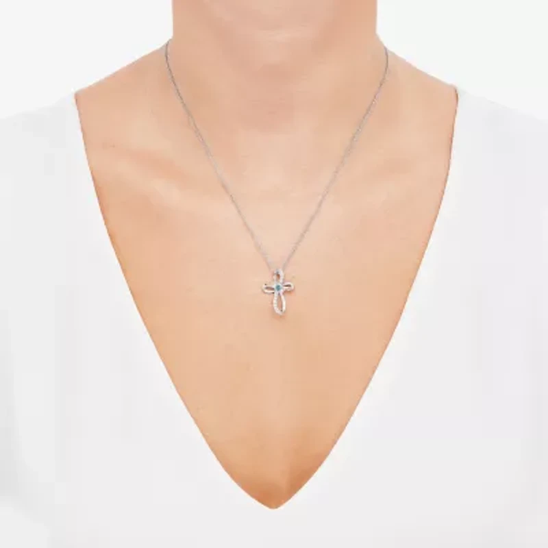Limited Quantities! Womens Genuine Blue Aquamarine Sterling Silver Cross 18 Inch Pendant Necklace