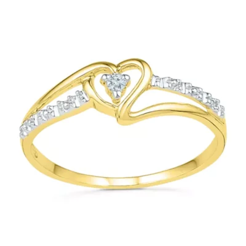 Womens Diamond Accent Natural White Diamond 10K Gold Heart Delicate Cocktail Ring