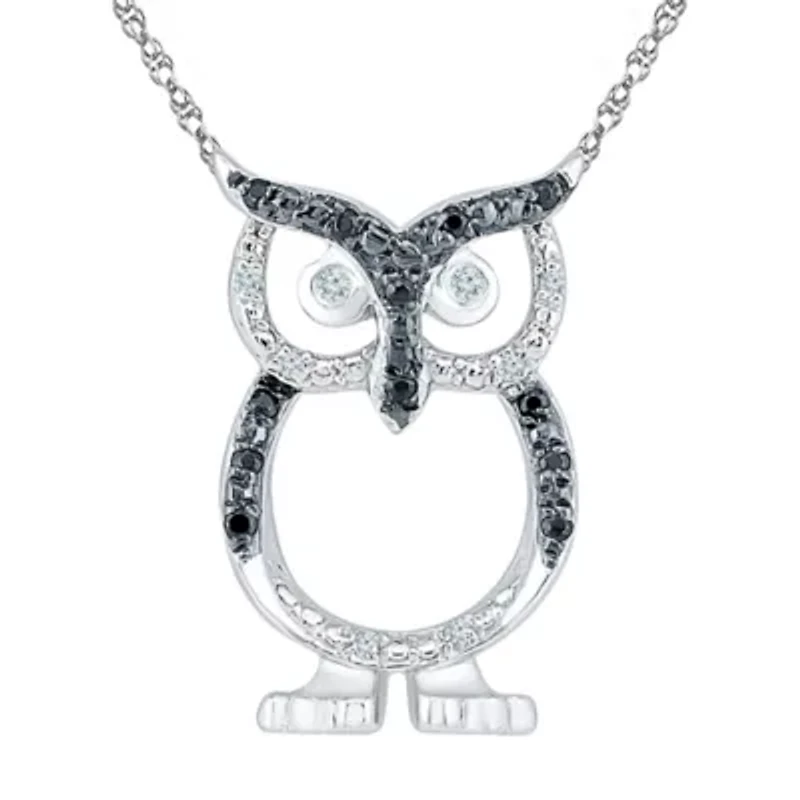 Owl Womens Diamond Accent Natural Black Diamond Sterling Silver 18 Inch Pendant Necklace