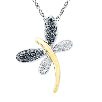 Dragonfly Womens Diamond Accent Natural Black Diamond 10K Gold Over Silver 18 Inch Pendant Necklace