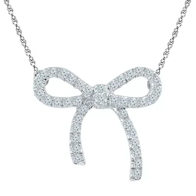 Womens 1/ CT. T.W. Natural White Diamond Sterling Silver Bow 18 Inch Pendant Necklace