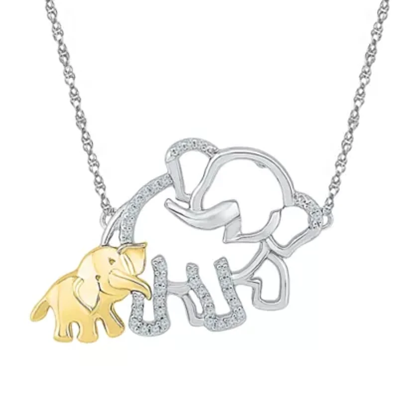 "Mother And Daughter" Elephant Womens 1/10 CT. T.W. Natural White Diamond 10K Gold Over Silver 18 Inch Pendant Necklace