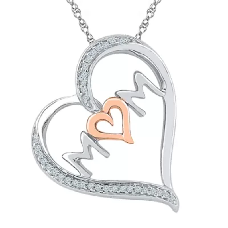 'Mom" Womens 1/10 CT. T.W. Natural White Diamond 10K Gold Over Silver Heart 18 Inch Pendant Necklace