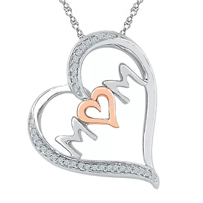 'Mom" Womens 1/10 CT. T.W. Natural White Diamond 10K Gold Over Silver Heart 18 Inch Pendant Necklace