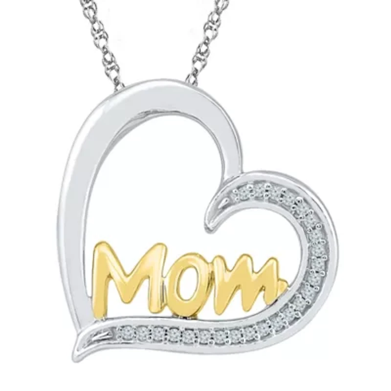 Mom" Womens Diamond Accent Natural Diamond 10K Gold Over Silver Heart 18 Inch Pendant Necklace