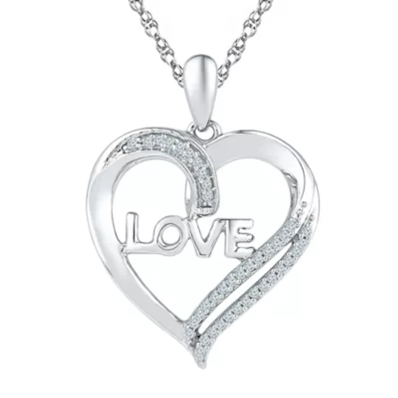 "Love" Womens 1/10 CT. T.W. Natural White Diamond Sterling Silver Heart 18 Inch Pendant Necklace