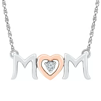 "Mom" Womens Diamond Accent Natural White Diamond 10K Gold Over Silver Heart 18 Inch Pendant Necklace