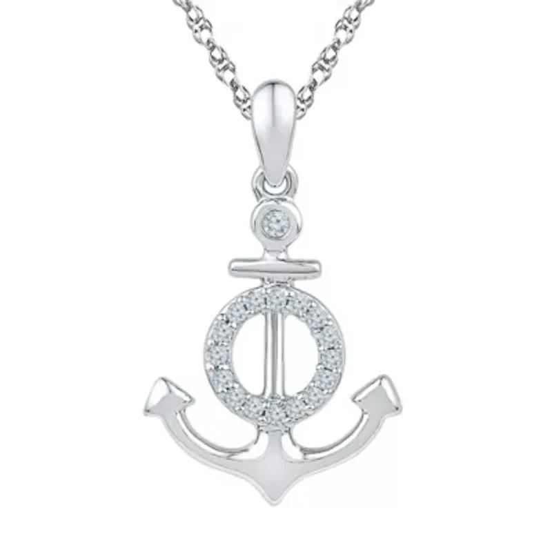 Womens 1/10 CT. T.W. Natural White Diamond Sterling Silver Anchor 18 Inch Pendant Necklace